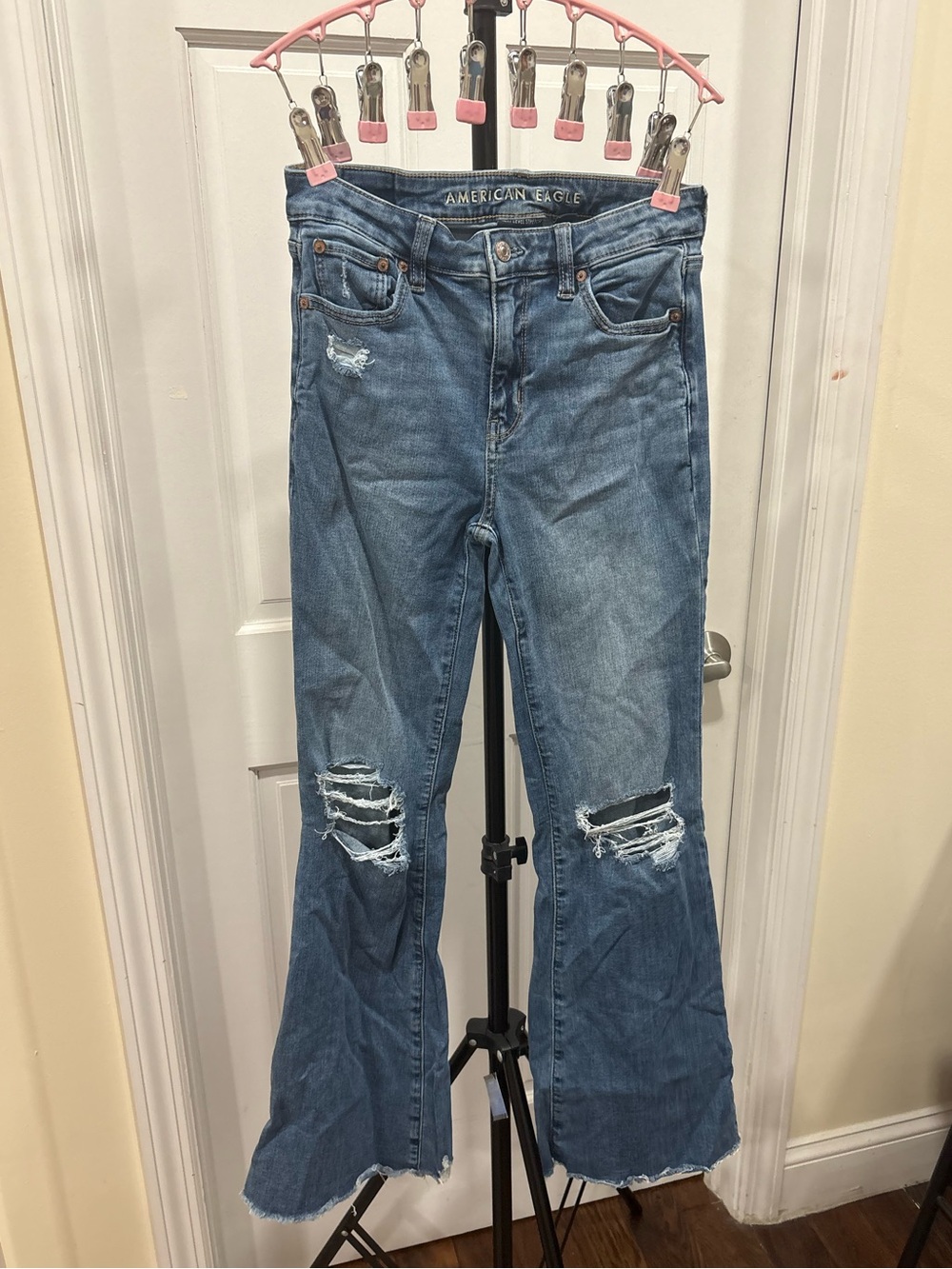 American Eagle Dark Wash Distressed Super High Rise Flare